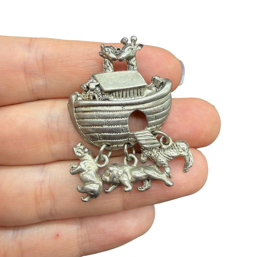 Vintage Jewelry Silver Tone Noah’s Ark Brooch Christian Pin